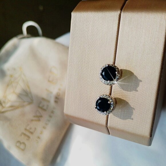 Rose Cut Black Simulated Diamond 14kt Sterling Silver Rhodium Halo Stud Earrings - Picture 3 of 4